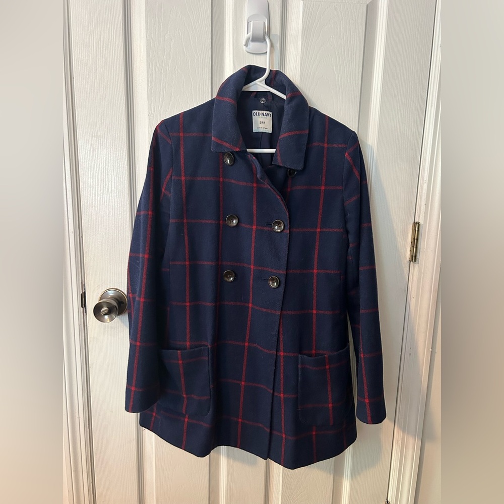Old Navy Women's Checkered Pea Coat - Navy and Red